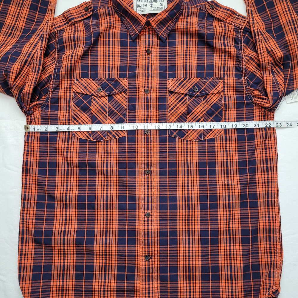 Nautica Jeans Co. Mens Plaid Flannel Button Down Shirt Medium Orange Navy NEW - Picture 7 of 10